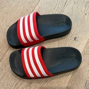 adidas Kids Black Footbed Red Strap Slide Sandals with White Stripes